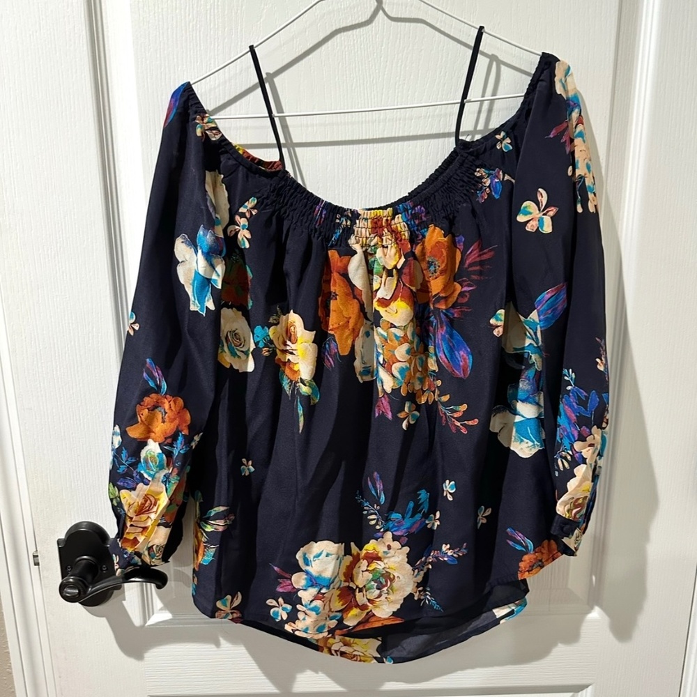 Anthropologie Maeve Blue Tallie Open  Shoulder Silk Blouse xs - Picture 2 of 9